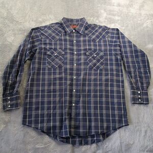 Plains Western Wear Mens Navy Blue Striped Long‎ Sleeve Pearl Snap Shirt Size L